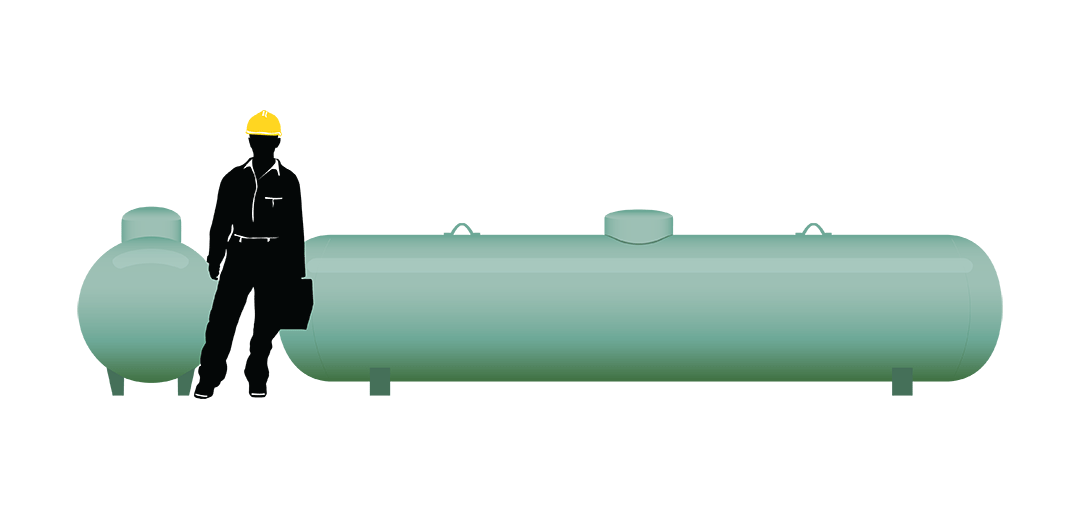 Rendering of a technician next to a 2000-gallon propane tank