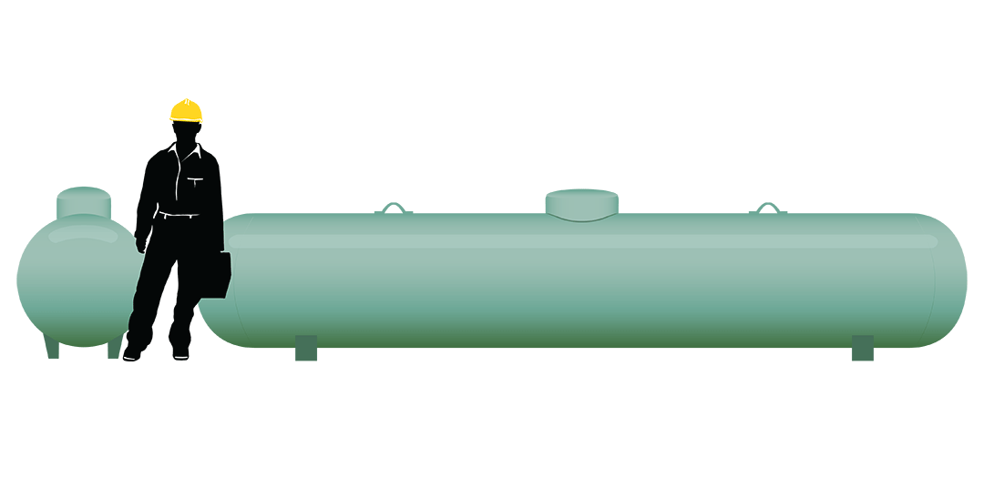 Rendering of a technician next to a 5000-gallon propane tank
