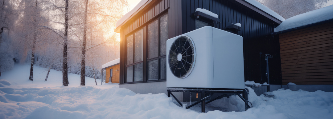 heat pump system outside house in winter time