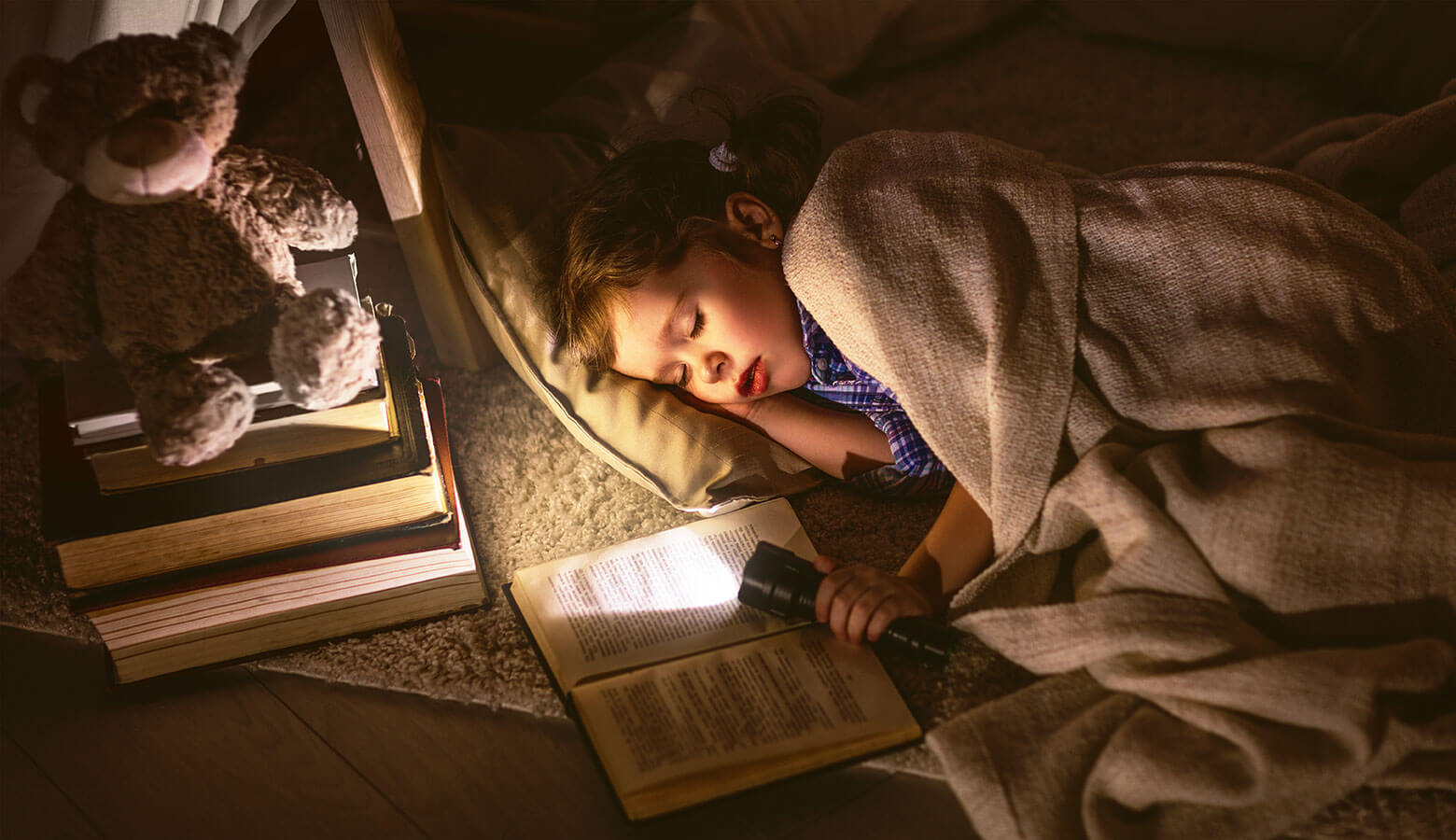 Young boy sleeping in bed holding a flashlight and a book in a home that has a propane powered backup generator. 