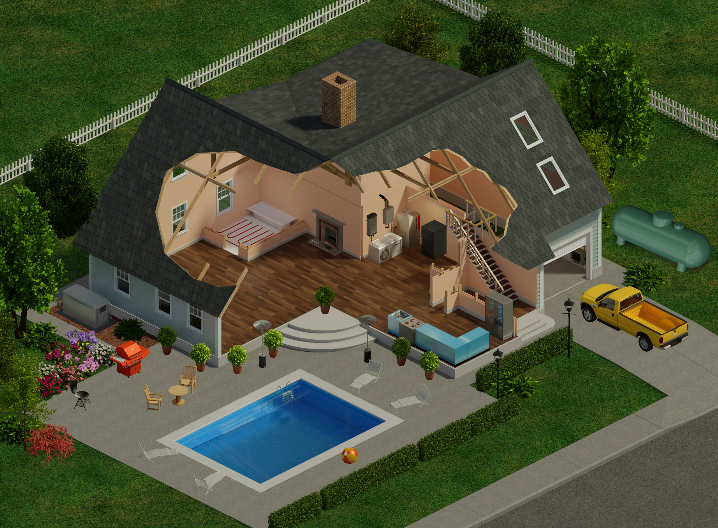 An animated version of a house to show all the uses of propane inside and outside. 