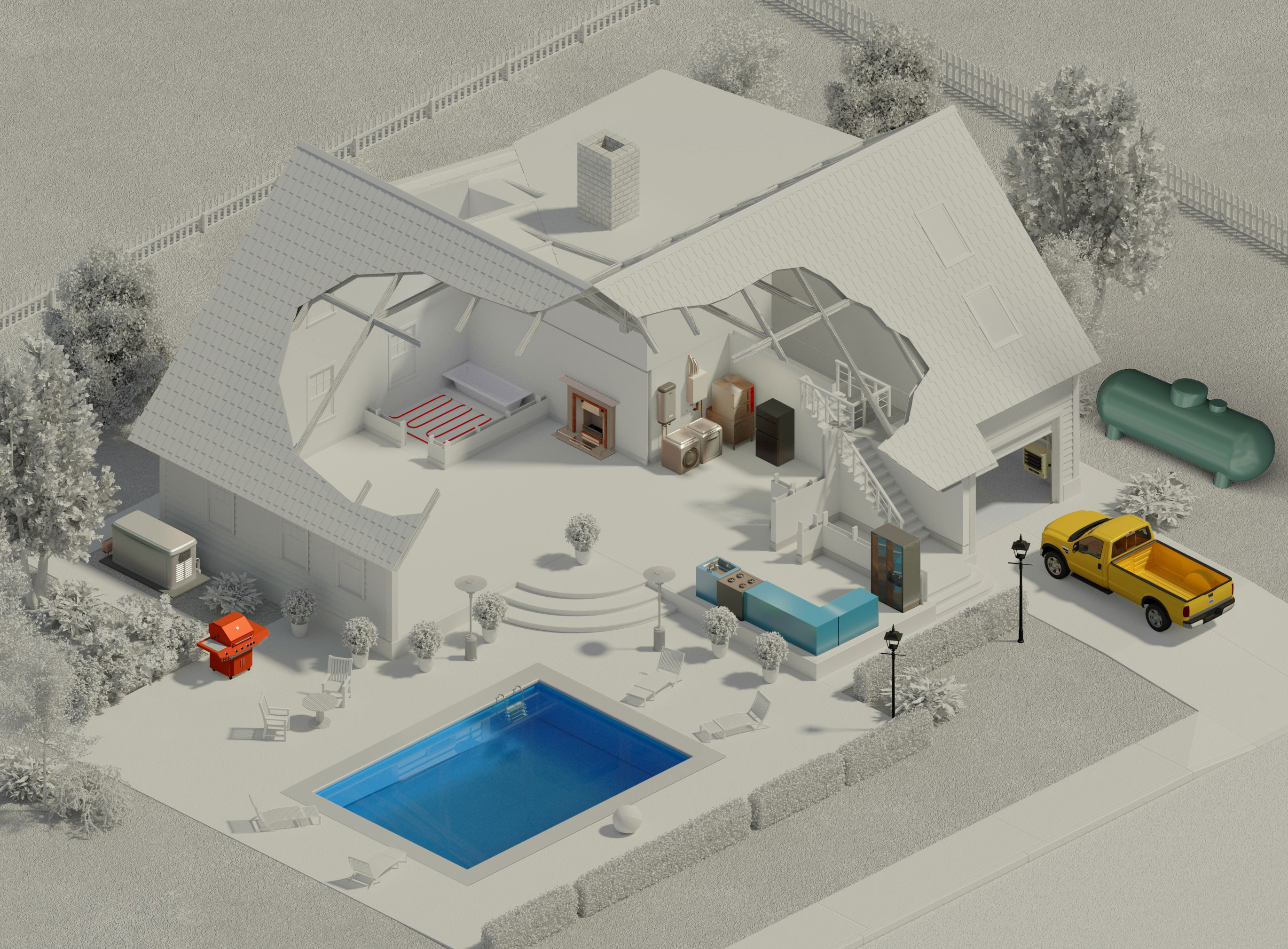 An interior and exterior view of a house, showing the many uses of propane for around the home.