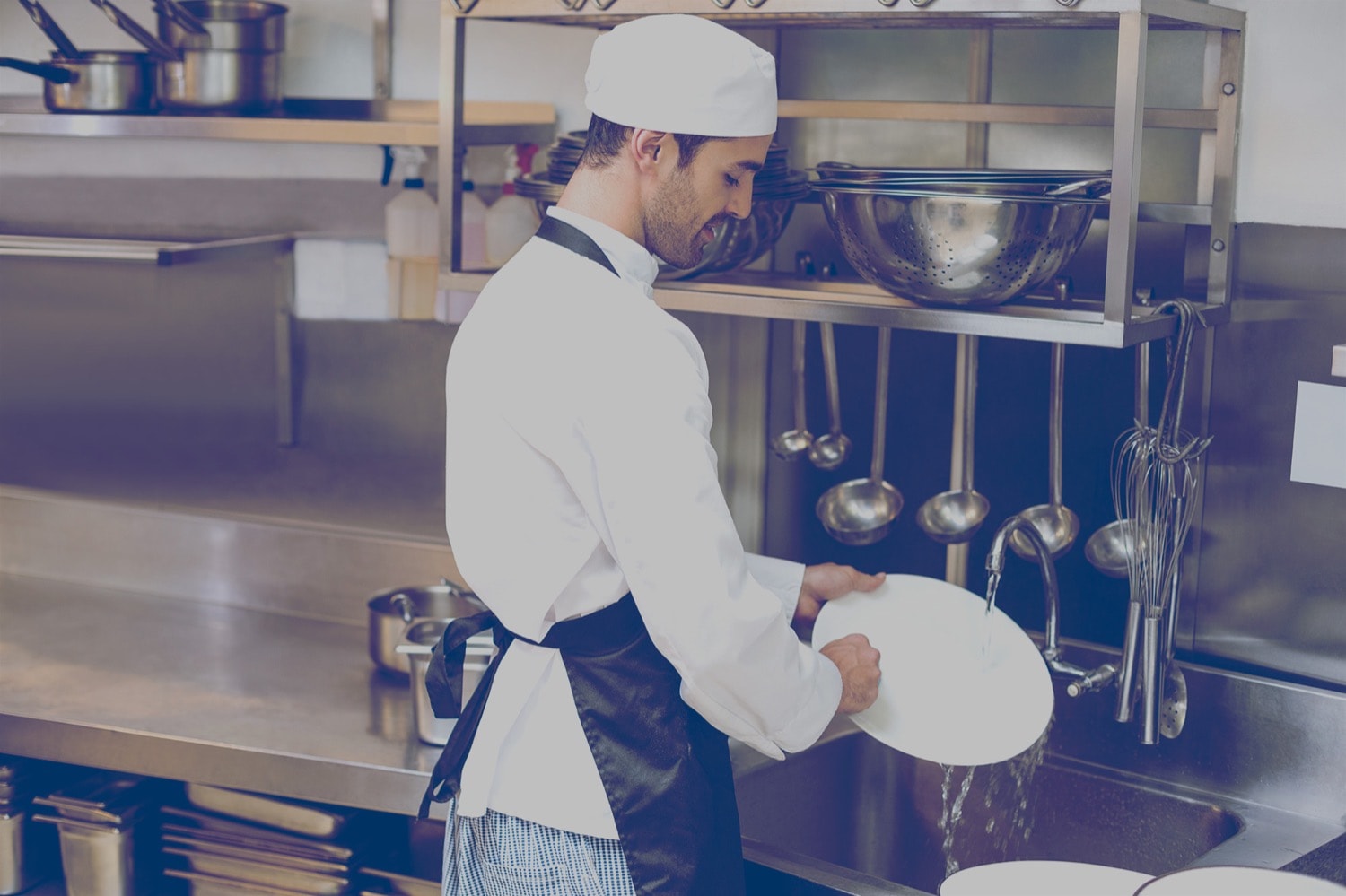 Dishwasher rinsing a plate in a sink in a commercial kitchen. 