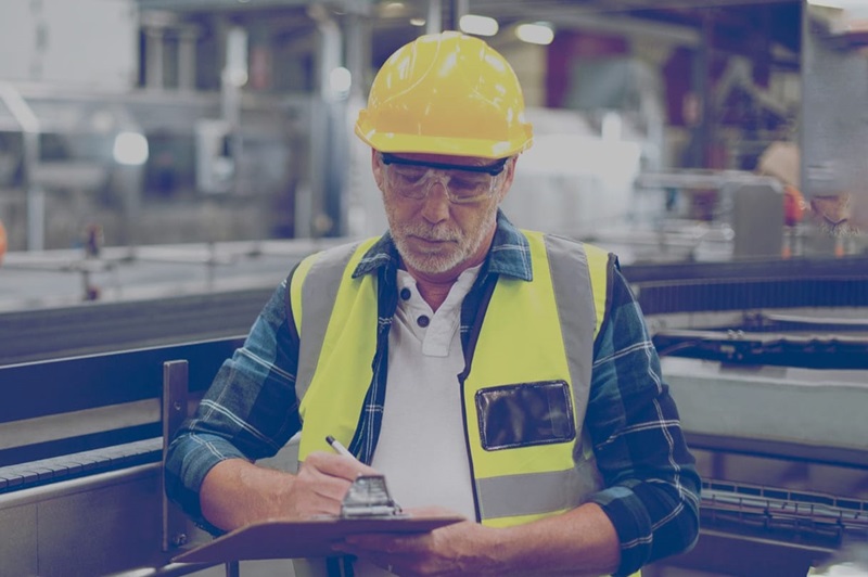 A safety inspector in an industrial plant looking at a clipboard. 
