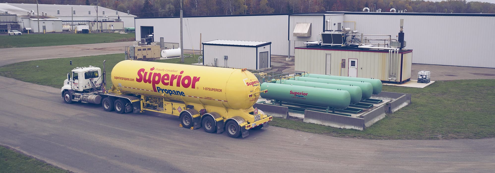 A Superior Propane truck delivering fuel to be used for combined heat and power generation at Sharon Mushroom Farm in Sharon, Ontario.