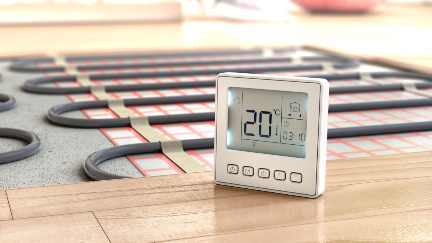 A thermostat on the floor next to an exposed radiant floor heating system. 