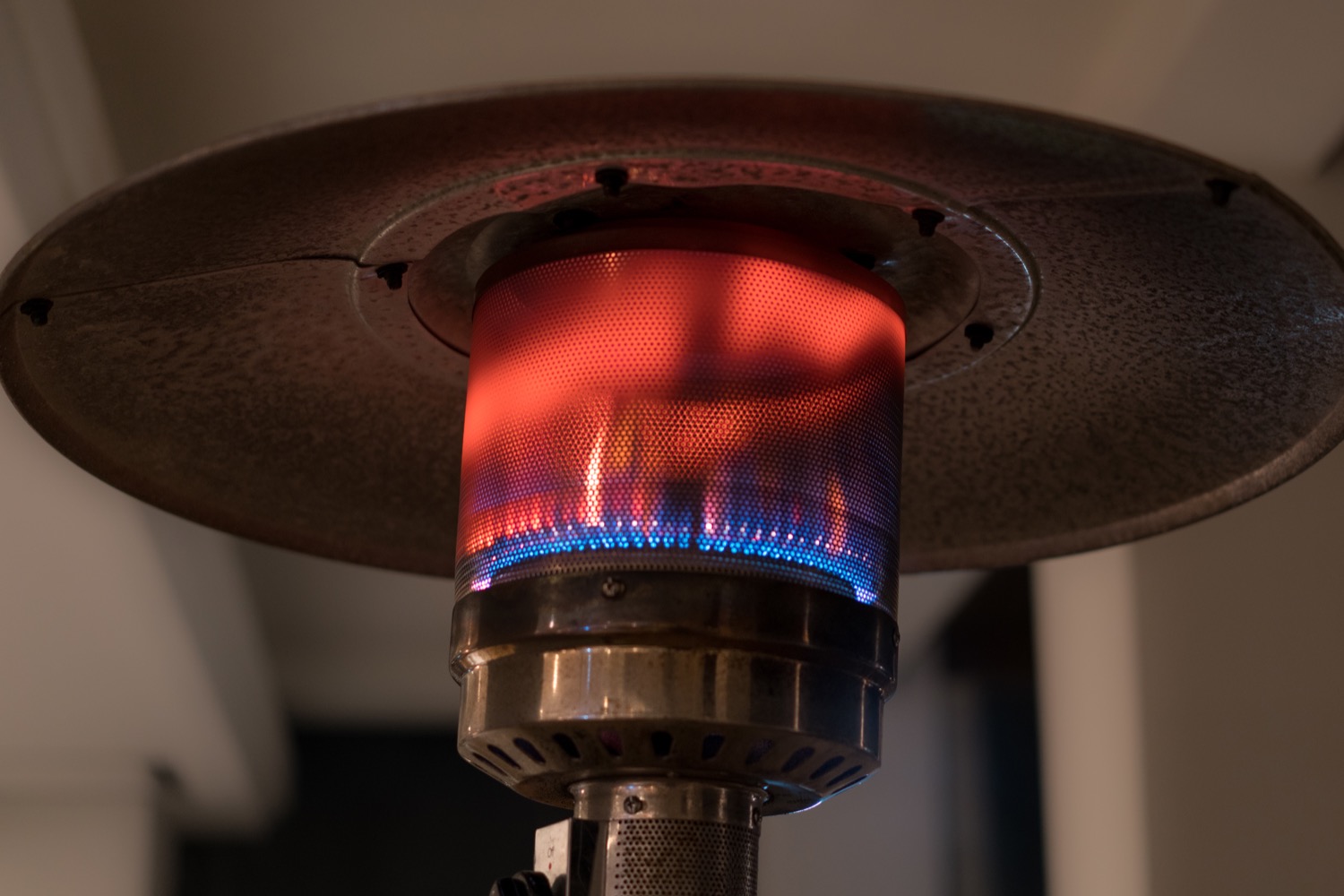 Closeup of a propane powered patio heater. 