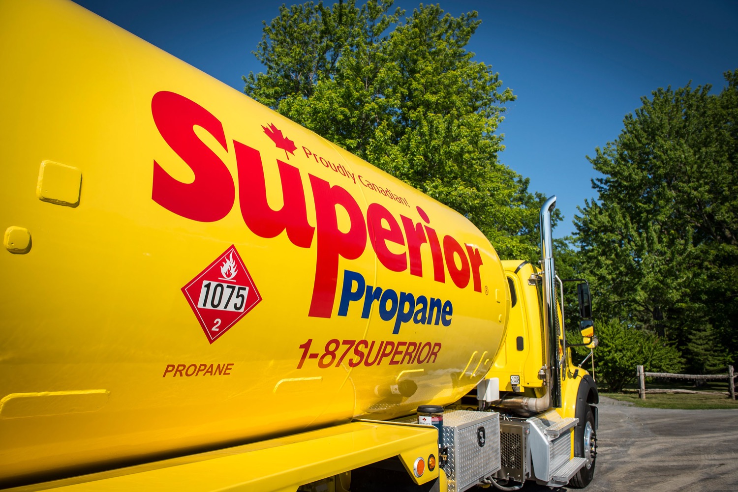 Closeup of the Superior Propane Logo on the side of a refuelling tank truck.