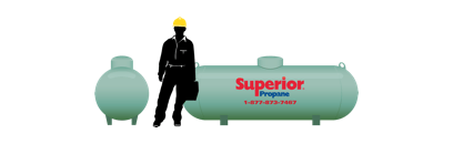 A Superior Propane employee next to a 500-gallon propane tank
