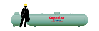 Rendering of a technician next to a 1000-gallon propane tank