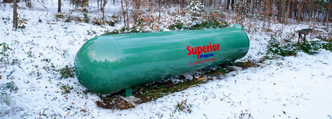 Fixed propane tank in the snowy outdoors
